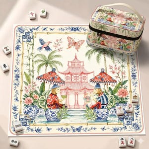 Grillige chinoiserie neopreen mahjongmat Monkey Pagoda Design Amerikaanse Mah Jongg-tafelmat, antislip tafelbeschermhoes, SCHEPEN OPGEROLD
