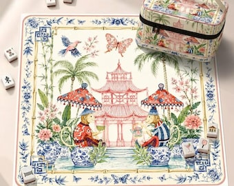Whimsical Chinoiserie Neoprene Mahjong Mat Monkey Pagoda Design American Mah Jongg Table Mat, Non-Slip Table Protect Cover, SHIPS ROLLED