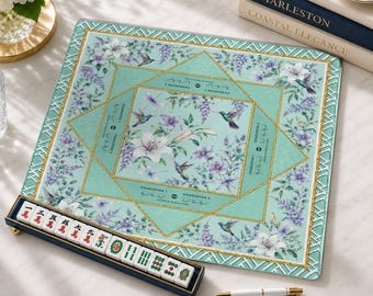 Aqua Hummingbird Mahjong Mat, Floral Chinoiserie American Mah Jongg Table Mat, Non-Slip Table Cover, SHIPS ROLLED, Mahjong Gift