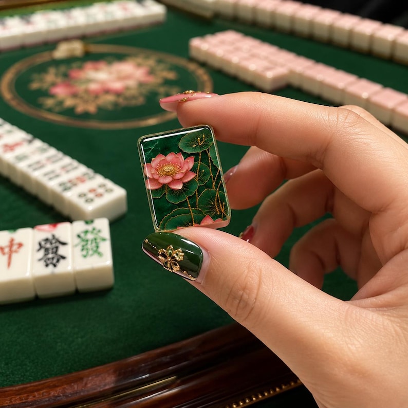 May include: A rectangular mahjong tile featuring a detailed illustration of a pink lotus flower with green lily pads on a dark green background. The tile has a glossy finish and is held against a green felt surface with other mahjong tiles.