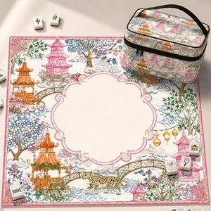 Chinoiserie Pagode Neopren Mahjong-Matte, Pink Leopard Garden Design American Mah Jongg Tischset, rutschfeste Tischabdeckung, Schiffe gerollt