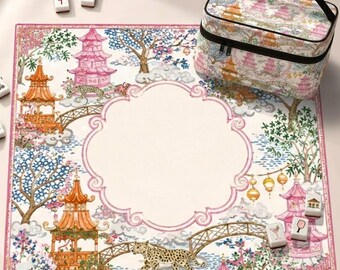 Chinoiserie pagode neopreen mahjongmat, roze luipaard tuinontwerp Amerikaanse mahjong-tafelmat, antislip tafelkleed, schepen opgerold
