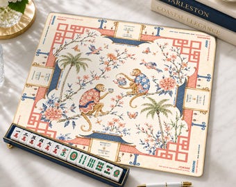 Chinoiserie Monkey Mahjong Mat with Instructions (Rules), Asian Floral Mahjong Gift for Women, Non-Slip Table Protection Cover, SHIPS ROLLED