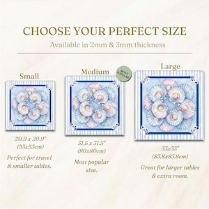 May include: A square tablecloth featuring a blue and white striped border and a central pattern of light blue and pink seashells. The image displays three sizes: small at 20.9 x 20.9 inches, medium at 31.5 x 31.5 inches, and large at 33 x 33 inches.