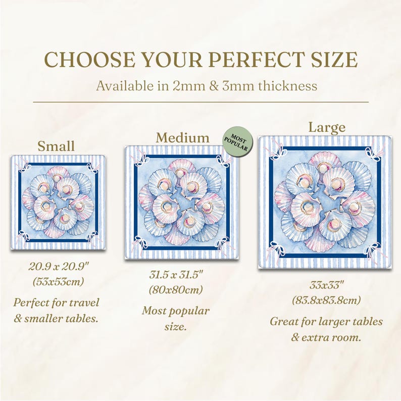 May include: A square tablecloth featuring a blue and white striped border and a central pattern of light blue and pink seashells. The image displays three sizes: small at 20.9 x 20.9 inches, medium at 31.5 x 31.5 inches, and large at 33 x 33 inches.