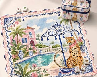 Chinoiserie Leopard Mahjong Mat, Palm Pool American Mah Jongg Table Mat, Non-Slip Table Protection Cover, SHIPS ROLLED