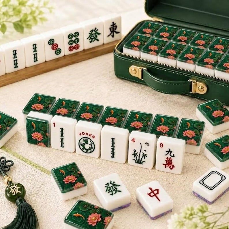 May include: A Mahjong set featuring white tiles with green backs decorated with pink lotus flowers and orange koi fish. The set includes a dark green carrying case, a wooden rack, and tiles displaying various Chinese characters, numbers, and a Joker symbol.