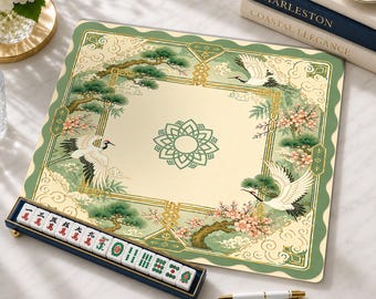 Elegant Crane Mahjong Mat, Japanese Crane & Cherry Blossom American Mahjong Playing Mat, Non-Slip Table Cover, SHIPS ROLLED