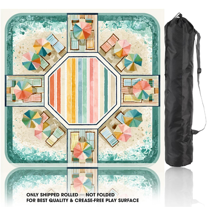 May include: A square game mat featuring a beach scene with colorful umbrellas and lounge chairs arranged around a central striped octagon, accompanied by a black cylindrical carrying bag. The text reads: ONLY SHIPPED ROLLED - NOT FOLDED FOR BEST QUALITY & CREASE-FREE PLAY SURFACE.
