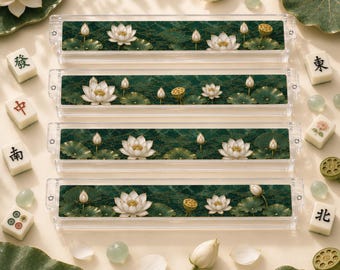 Jade White Lotus Mahjong Set, Green Acrylic Holder for American Mahjong Tiles & 1.4"x1.0"x0.6" Mahjong Tiles, Pusher and Tile Holder Set