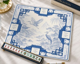 Blue White Chinoiserie Mahjong Mat with Instruction, Blue Toile Design American Mahjong Playing Mat, Non-Slip Table Cover, SHIPS ROLLED