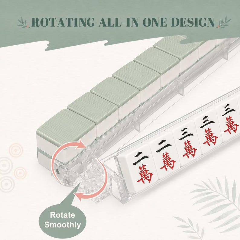 May include: A clear plastic mahjong tile rack with a rotating design. The rack holds a row of white tiles with red and black Chinese characters and a row of sage green tiles. Text on the image reads ROTATING ALL-IN ONE DESIGN and Rotate Smoothly.