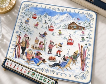 Winter Ski Dog Neopren Mahjong-Matte, Snowy Mountain American Mahjong Tischabdeckung, rutschfeste Tischabdeckung, SCHIFFE GEROLLT