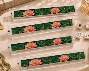 Pink Lotus Mahjong Racks Set 4 – Premium Clear Acrylic Holder for American Mahjong, Personalized Pushers & Tile Holder Set