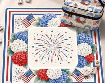 Patriottische hortensia neopreen mahjongmat, vuurwerkvlagontwerp Amerikaanse mahjong-tafelmat, antislip tafelbeschermhoes, schepen opgerold