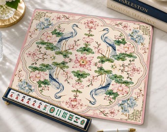 Pink Chinoiserie Mahjong Mat,Cherry Blossom Crane American Mahjong Playing Mat, Non-Slip Table Cover, SHIPS ROLLED