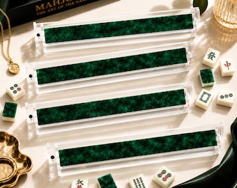 Green Luxury Tortoise Mahjong Set, Green Acrylic Holder for American Mahjong Tiles& 1.4"x1.0"x0.6" Mahjong Tiles, Pusher and Tile Holder Set