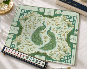 Elegant Peacock Mahjong Mat, Sage Green Floral Peacock Design, Luxury Mahjong Gift for Women, Non-Slip Table Cover, SHIPS ROLLED