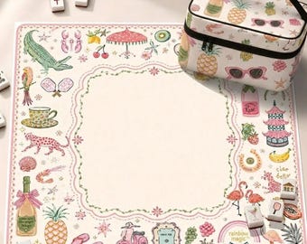 Whimsical Neoprene Mahjong Mat Pink Resort Design American Mah Jongg Table Mat, Non-Slip Table Cover, SHIPS ROLLED