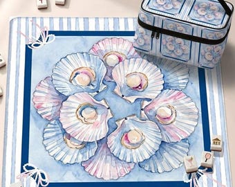 Coastal Neoprene Mahjong Mat, Blue Seashell Design American Mah Jongg Table Mat, Non-Slip Table Protect Cover, SHIPS ROLLED