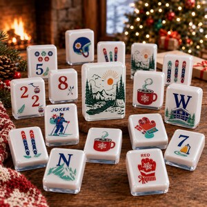 Christmas Ski Mahjong Tiles Set, Winter Holiday American Mah Jongg Tiles, Festive Snow Mountain Acrylic Mahjong Set, 166 Piece Game
