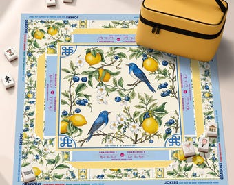 Lemon Bluebird Mahjong Mat, Floral American Mah Jongg Table Mat, Non-Slip Table Cover, SHIPS ROLLED
