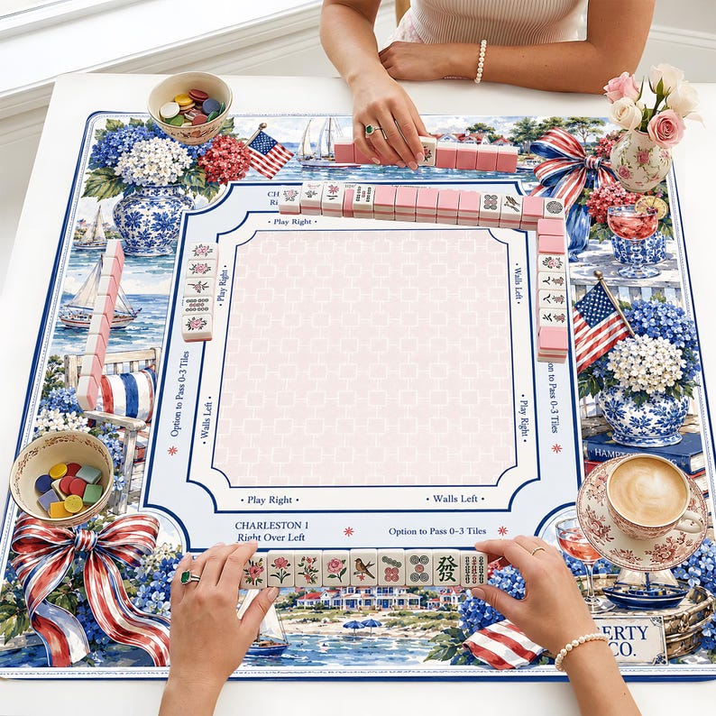 Coastal Americana Mahjong Mat, Hydrangea Patriotic American Mah Jongg Table Mat, 4th of July Decor, Non-Slip Table Cover, SHIPS ROLLED image 8