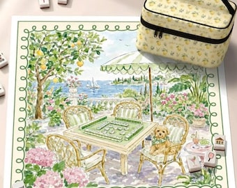 Mediterrane Zitronen Neopren Mahjong-Matte, Küstentischset, Aquarell-Mahjong-Geschenk für Frauen, rutschfeste Tischschutzhülle, SCHIFFE GEROLLT