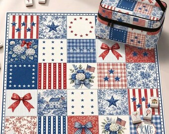 Gepersonaliseerde patriottische neopreen mahjongmat, rood wit blauw design Amerikaanse mahjong-tafelmat, antislip tafelbeschermhoes, schepen opgerold