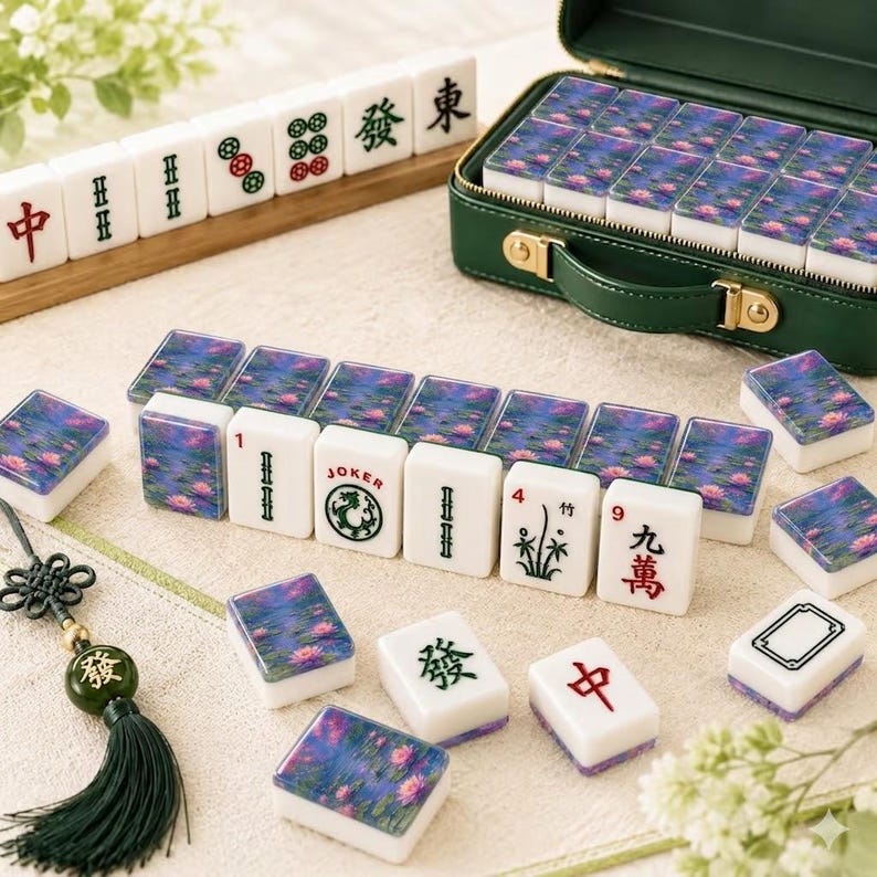 May include: A Mahjong set featuring white tiles with green and red traditional characters, alongside tiles decorated with a blue and pink water lily pond print. The set includes a dark green storage case and a green tassel with a character bead.
