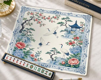 Chinoiserie Gargen Mahjong Mat, Blue White Crane Peony American Mahjong Playing Mat, Non-Slip Table Cover, SHIPS ROLLED