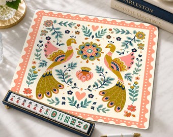 Folk Art Peacock Mahjong Mat, Garden Inspired American Mahjong Playing Mat, Non-Slip Table Cover, SHIPS ROLLED