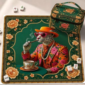 Luxury Leopard Neoprene Mahjong Mat, Green Cheetah American Mah Jongg Table Mat, Non-Slip Table Cover, SHIPS ROLLED