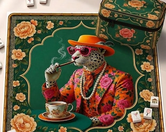 Luxury Leopard Neoprene Mahjong Mat, Green Cheetah American Mah Jongg Table Mat, Non-Slip Table Cover, SHIPS ROLLED