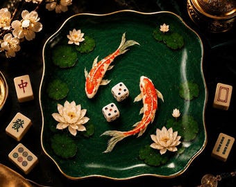 May include: A square, dark green ceramic tray with scalloped edges featuring two orange and white koi fish, white lotus flowers, and green lily pads. Two white dice with black pips are positioned in the center of the tray among the koi.
