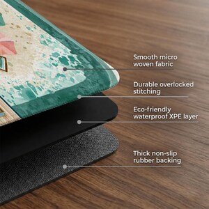 May include: A multi-layered mat featuring a top surface of smooth micro woven fabric with a beach graphic, durable overlocked stitching, an eco-friendly waterproof XPE layer, and a thick non-slip rubber backing, shown in a cross-section view.
