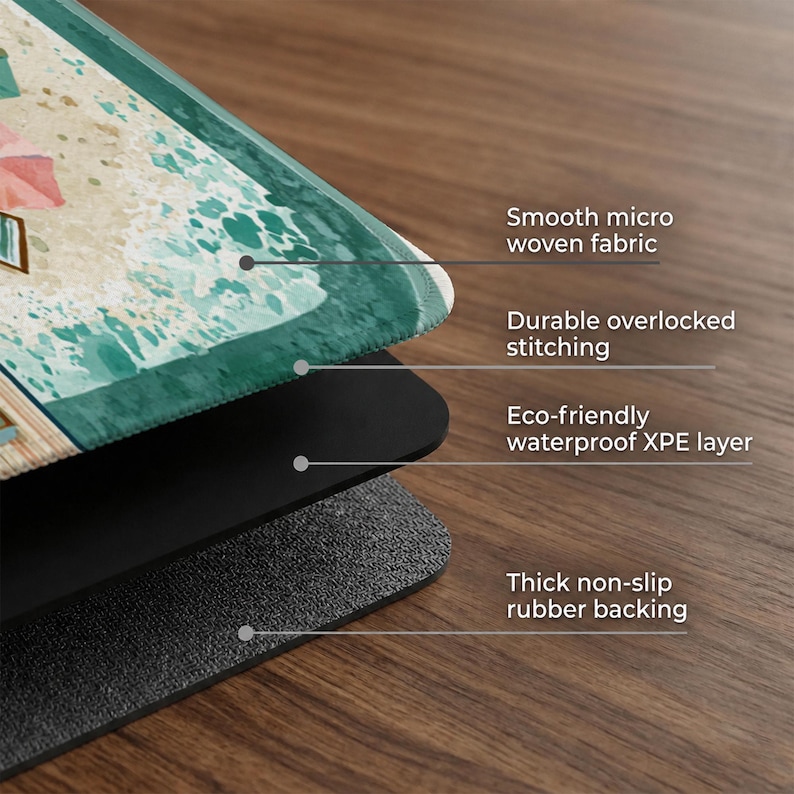 May include: A multi-layered mat featuring a top surface of smooth micro woven fabric with a beach graphic, durable overlocked stitching, an eco-friendly waterproof XPE layer, and a thick non-slip rubber backing, shown in a cross-section view.