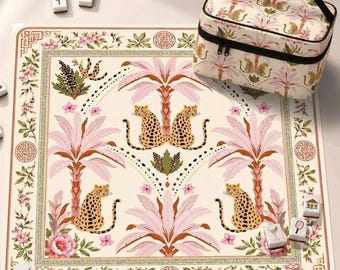 Tropical Leopard Neoprene Mahjong Mat Pink Palm Design American Mah Jongg Table Mat, Non-Slip Table Cover, SHIPS ROLLED