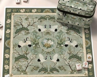 Chinoiserie kraanvogel neopreen mahjongmat, saliegroen bloemdessin Amerikaanse mahjong-tafelmat, antislip tafelbeschermhoes, schepen opgerold