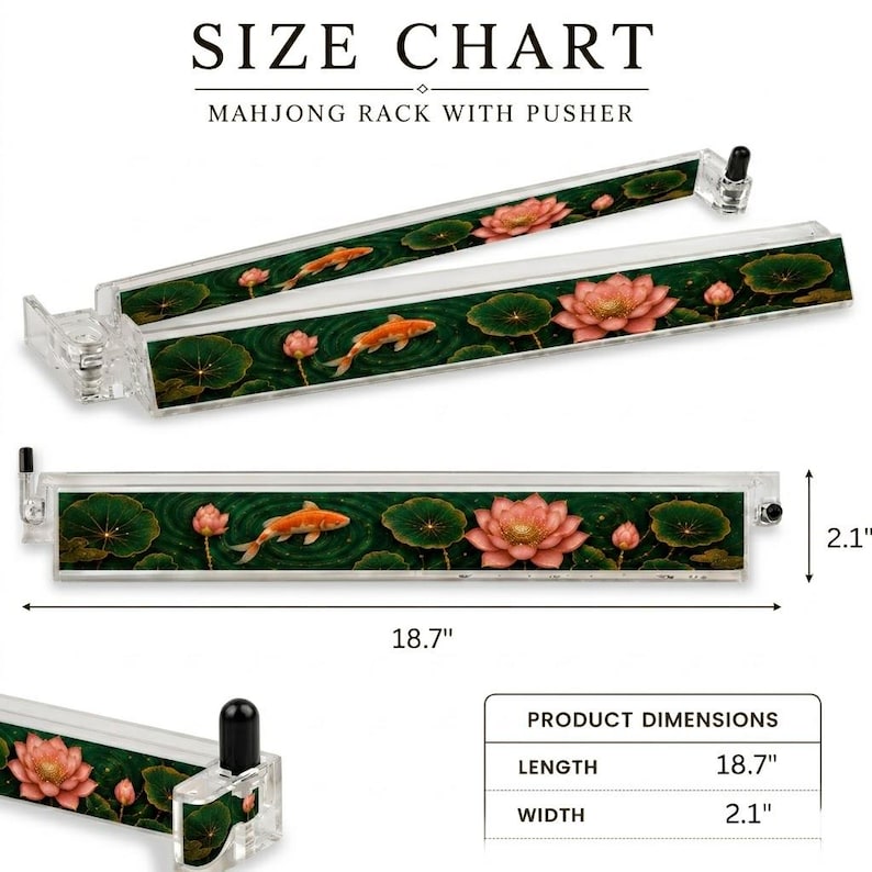 May include: A clear acrylic mahjong rack with a pusher, featuring a printed design of orange koi fish and pink lotus flowers on a dark green background. The rack measures 18.7 inches in length and 2.1 inches in width, as indicated by the size chart.