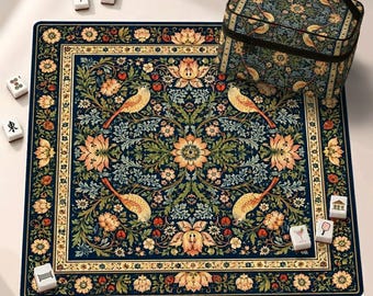 Op William Morris geïnspireerde neopreen mahjongmat, Strawberry Thief Bird Design Amerikaanse Mah Jongg-tafelmat, antislip tafelkleed, SCHEPEN OPGEROLD