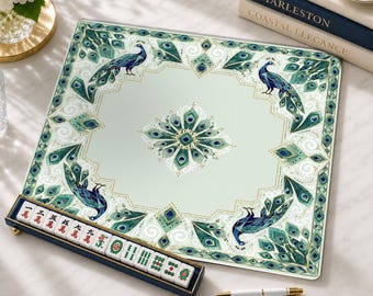Elegant Peacock Mahjong Mat, Teal Gold Peacock Feather Design, American Mahjong Playing Mat, Non-Slip Table Cover, SHIPS ROLLED