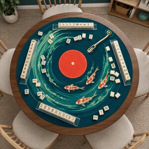 May include: A round mahjong table mat featuring a dark teal background with a large red circle in the center, swirling green water patterns, and three koi fish. The mat includes four clear tile racks holding ivory mahjong tiles and a gold tone record player arm graphic.