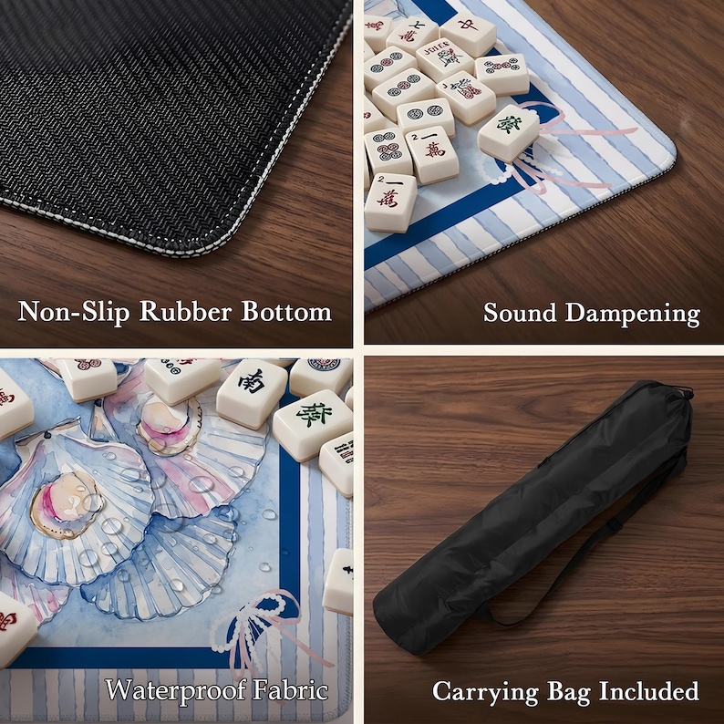 May include: A mahjong mat featuring a blue and white seashell pattern with a non-slip black rubber bottom, sound dampening properties, and waterproof fabric. The set includes a black carrying bag for storage and transport of the game mat.