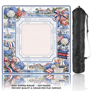 May include: A square mahjong play mat featuring a nautical theme with blue and white hydrangeas, sailboats, American flags, and red, white, and blue bows. The center has game instructions and text including Liberty & Co. A black carrying bag is included.
