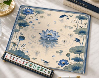 Water Reflection Lotus Mahjong Mat, Zen Decor, Asian Floral Mahjong Gift for Women, Non-Slip Table Cover, SHIPS ROLLED