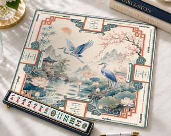 Crane Chinoiserie Mahjong Mat, Lotus Pond American Mah Jongg Table Mat, Non-Slip Table Cover, SHIPS ROLLED
