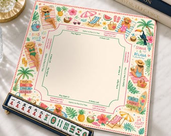 Tropische Strand-Neopren-Mahjong-Matte, rosa Küstenspielnachtgeschenk, rutschfeste Tischschutzabdeckung, SCHIFFE GEROLLT