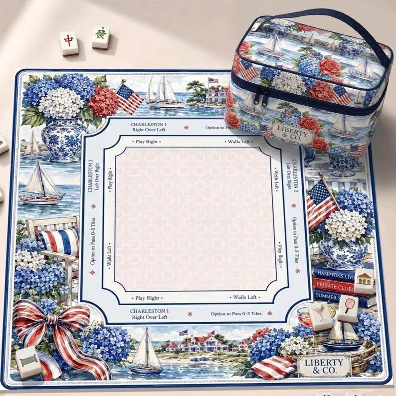 Coastal Americana Mahjong Mat, Hydrangea Patriotic American Mah Jongg Table Mat, 4th of July Decor, Non-Slip Table Cover, SHIPS ROLLED image 1