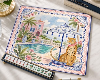 Pink Villa Leopard Mahjong Mat, Tropical Poolside Style Mahjong Gift for Women, Non-Slip Table Cover, SHIPS ROLLED